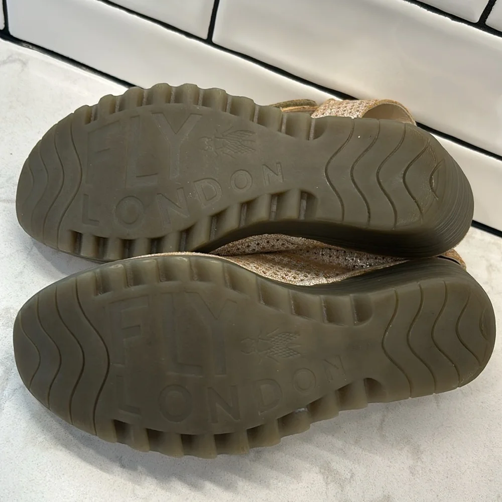 Fly London Yala Leather Perforated Wedges Gold Shimmer Size 9.5